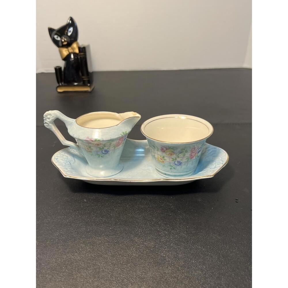 James Kent Ltd 1920s Marbled Blue Floral Lattice Creamer Sugar Bowl Tray Set